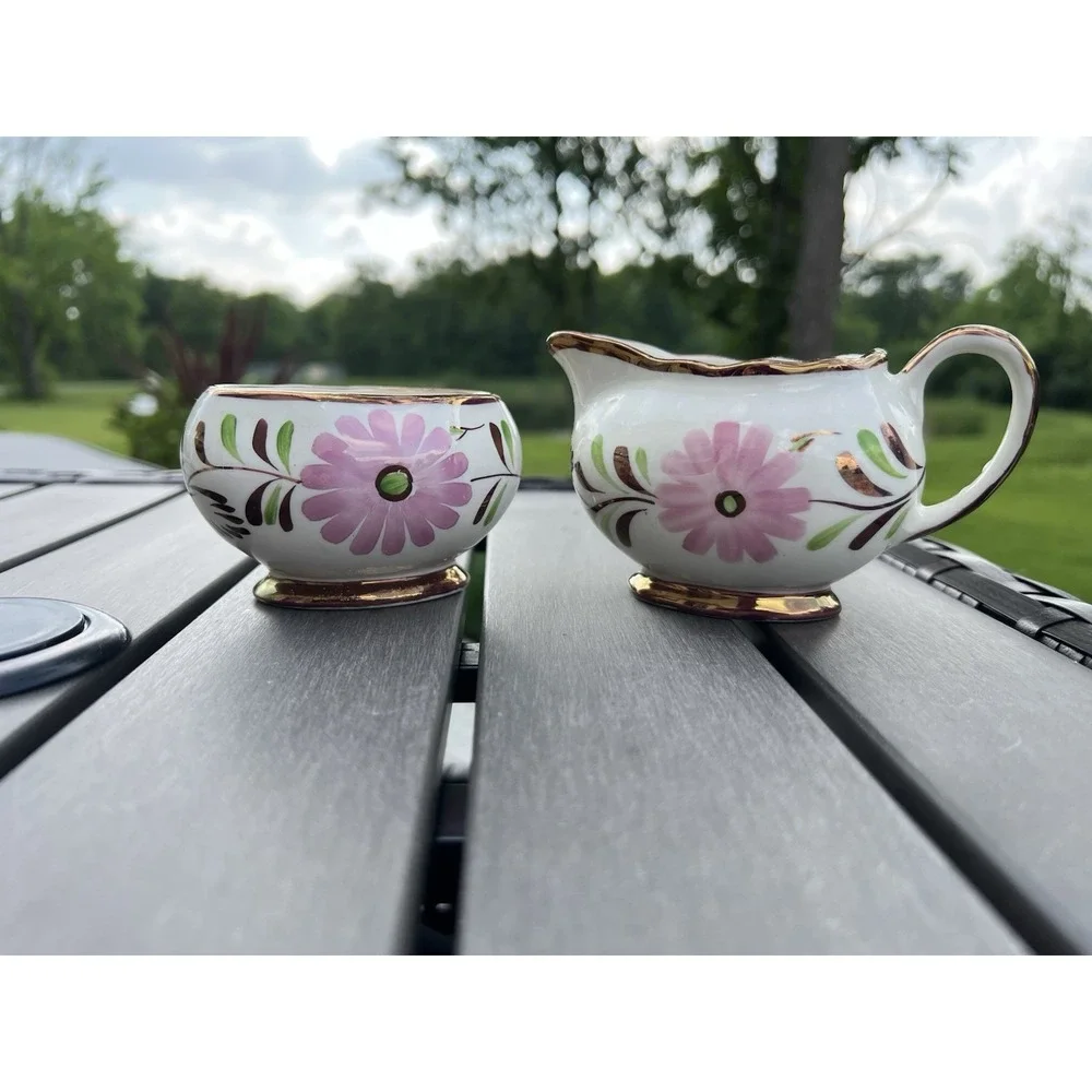 Vintage Copper Lusterware‎ Grays Pottery Open Sugar and Creamer Pink Flowers MCM